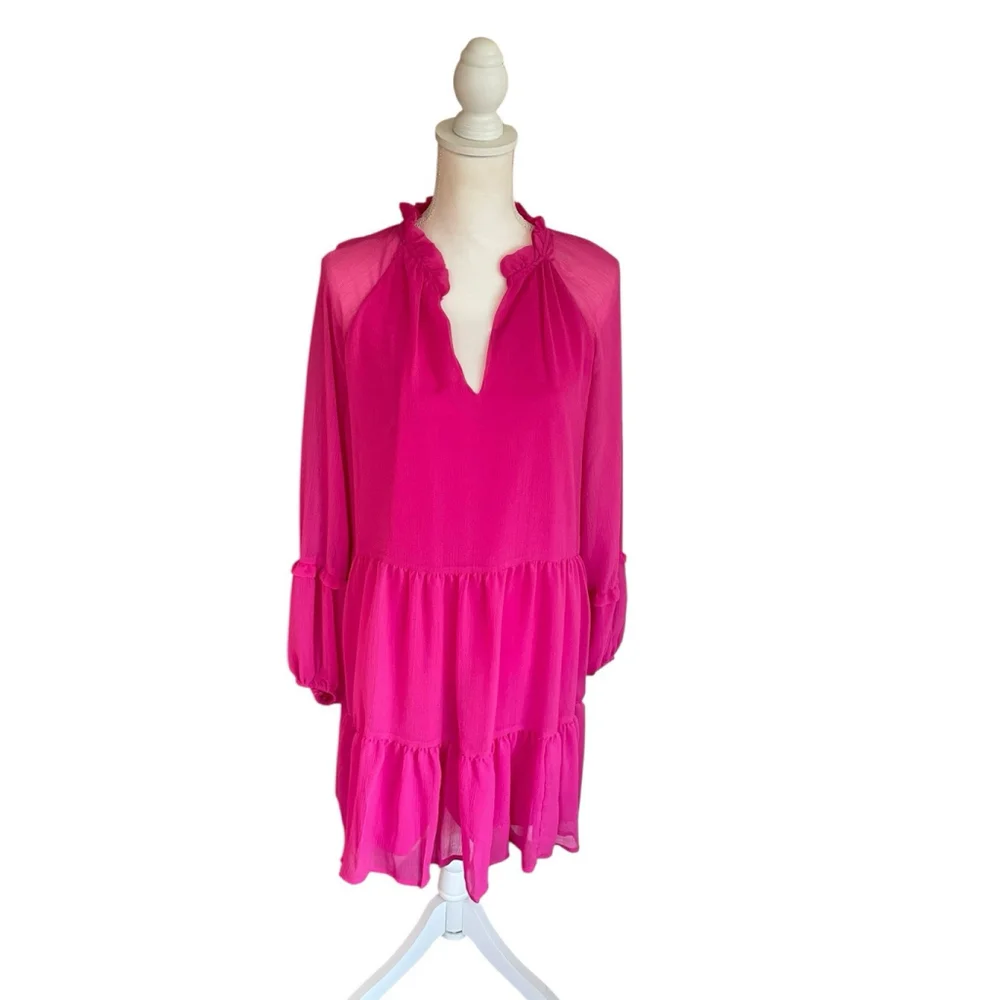 Vince Camuto Hot Pink Tiered Chiffon Mini Dress Sheer Sleeves Ruffle Collar Sz L - Picture 2 of 10
